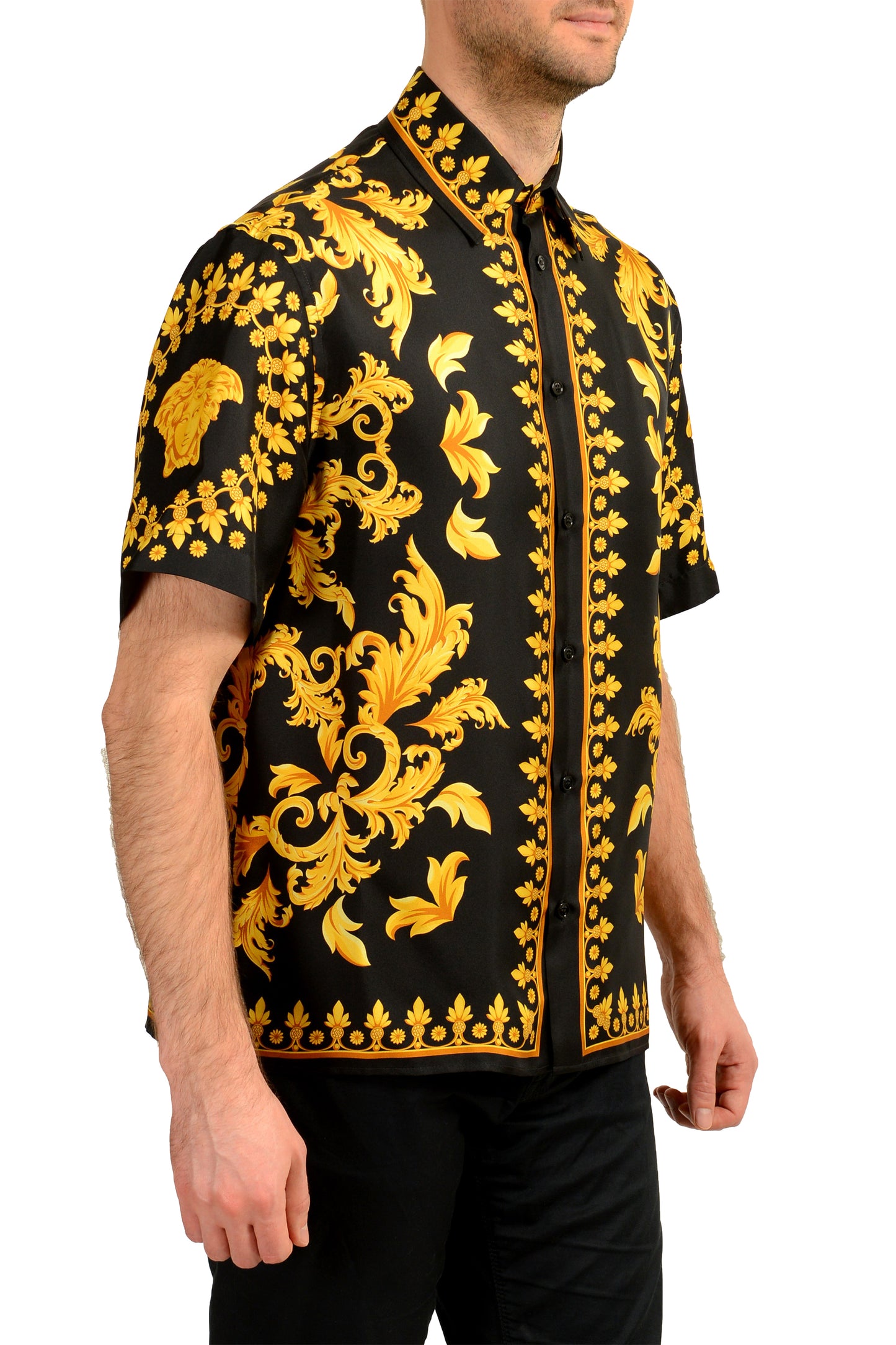 Versace Men's Signature Print Black & Gold Short Sleeve Shirt US L IT 52