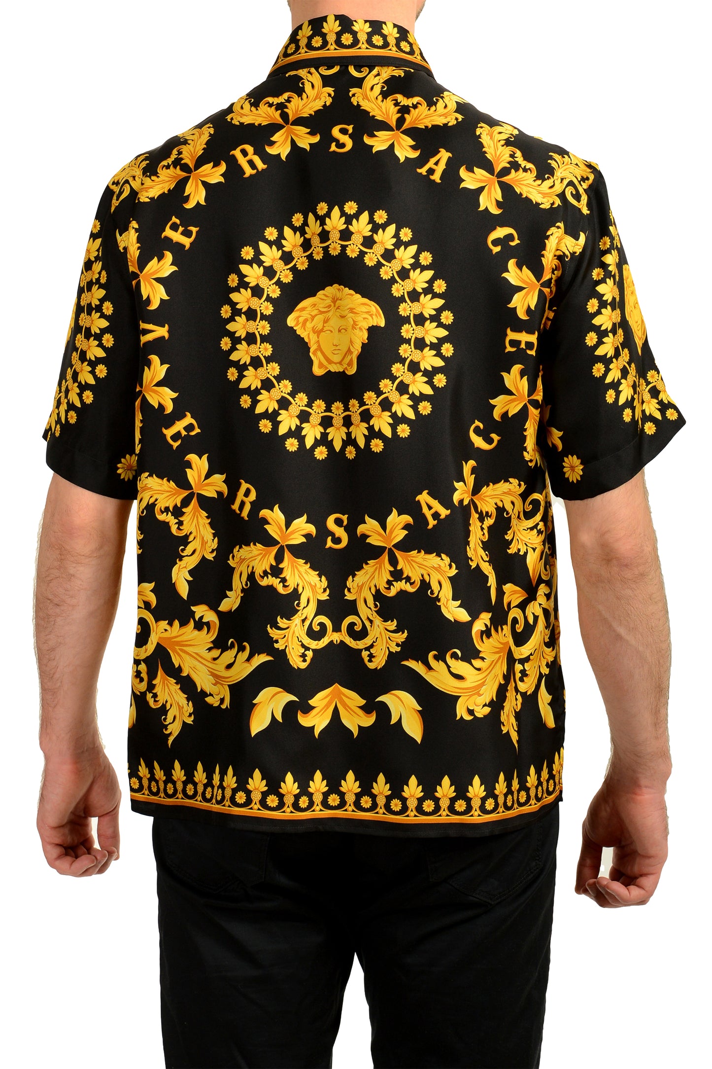 Versace Men's Signature Print Black & Gold Short Sleeve Shirt US L IT 52