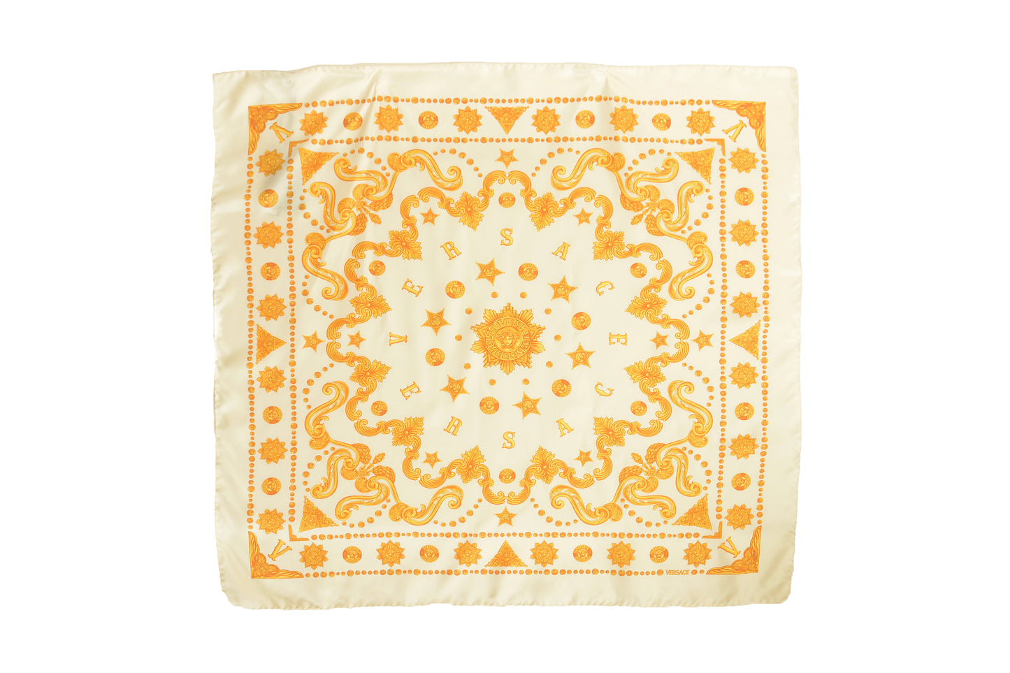 Versace Ivory & Gold Versace Signature Print 100% Silk Shawl Scarf Bandana