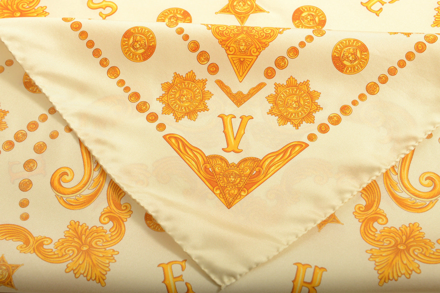 Versace Ivory & Gold Versace Signature Print 100% Silk Shawl Scarf Bandana