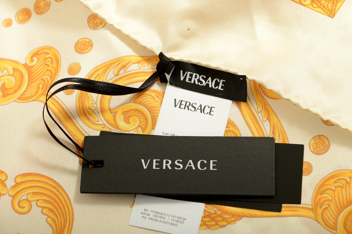Versace Ivory & Gold Versace Signature Print 100% Silk Shawl Scarf Bandana