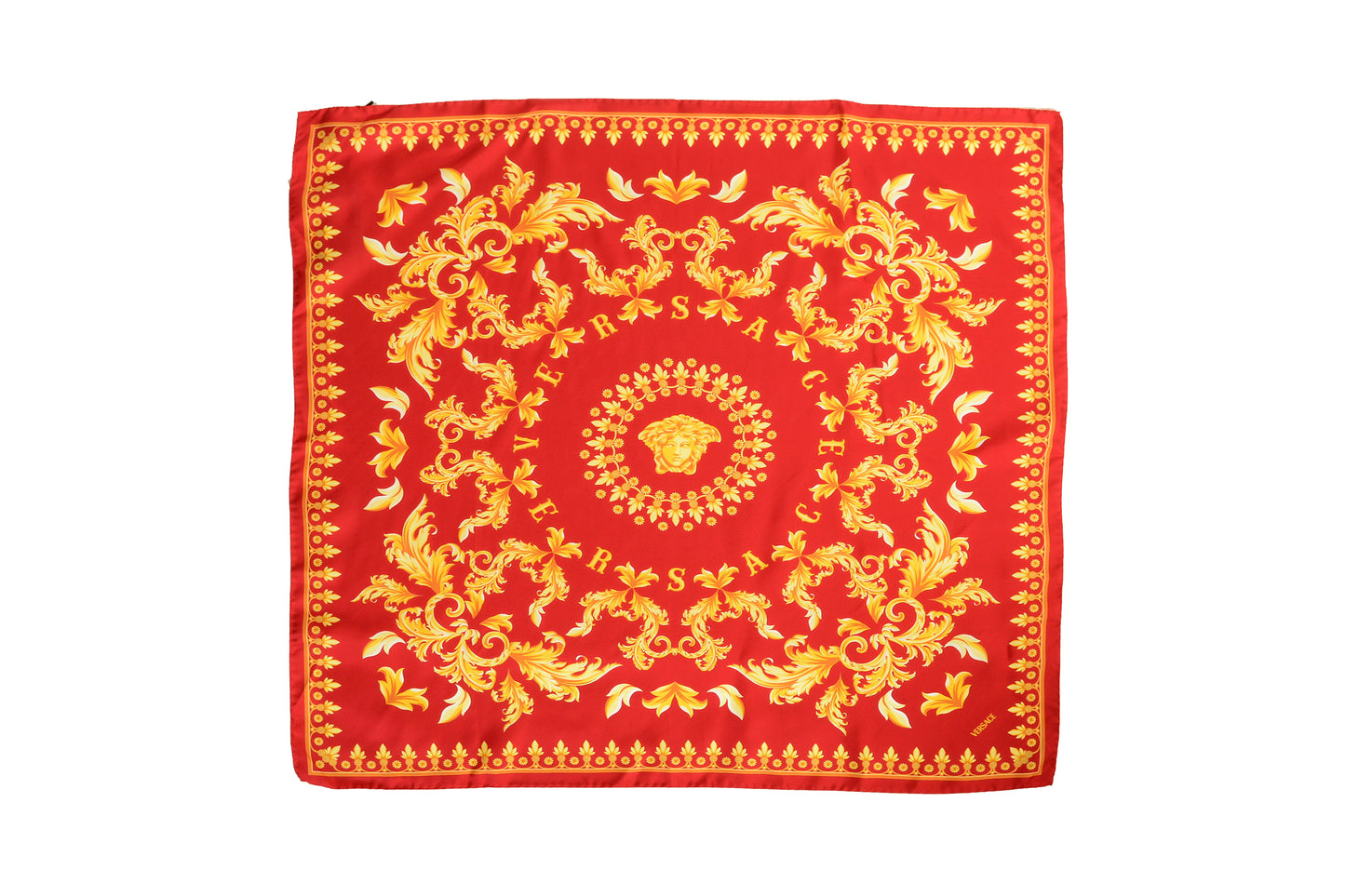 Versace Red & Gold Versace Signature Print 100% Silk Shawl Scarf Bandana