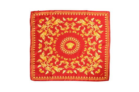 Versace Red & Gold Versace Signature Print 100% Silk Shawl Scarf Bandana