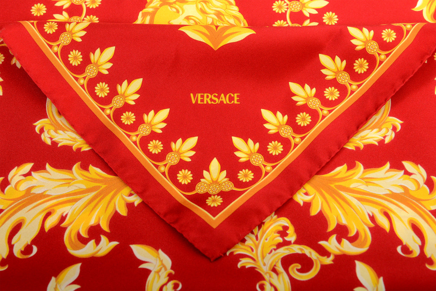 Versace Red & Gold Versace Signature Print 100% Silk Shawl Scarf Bandana