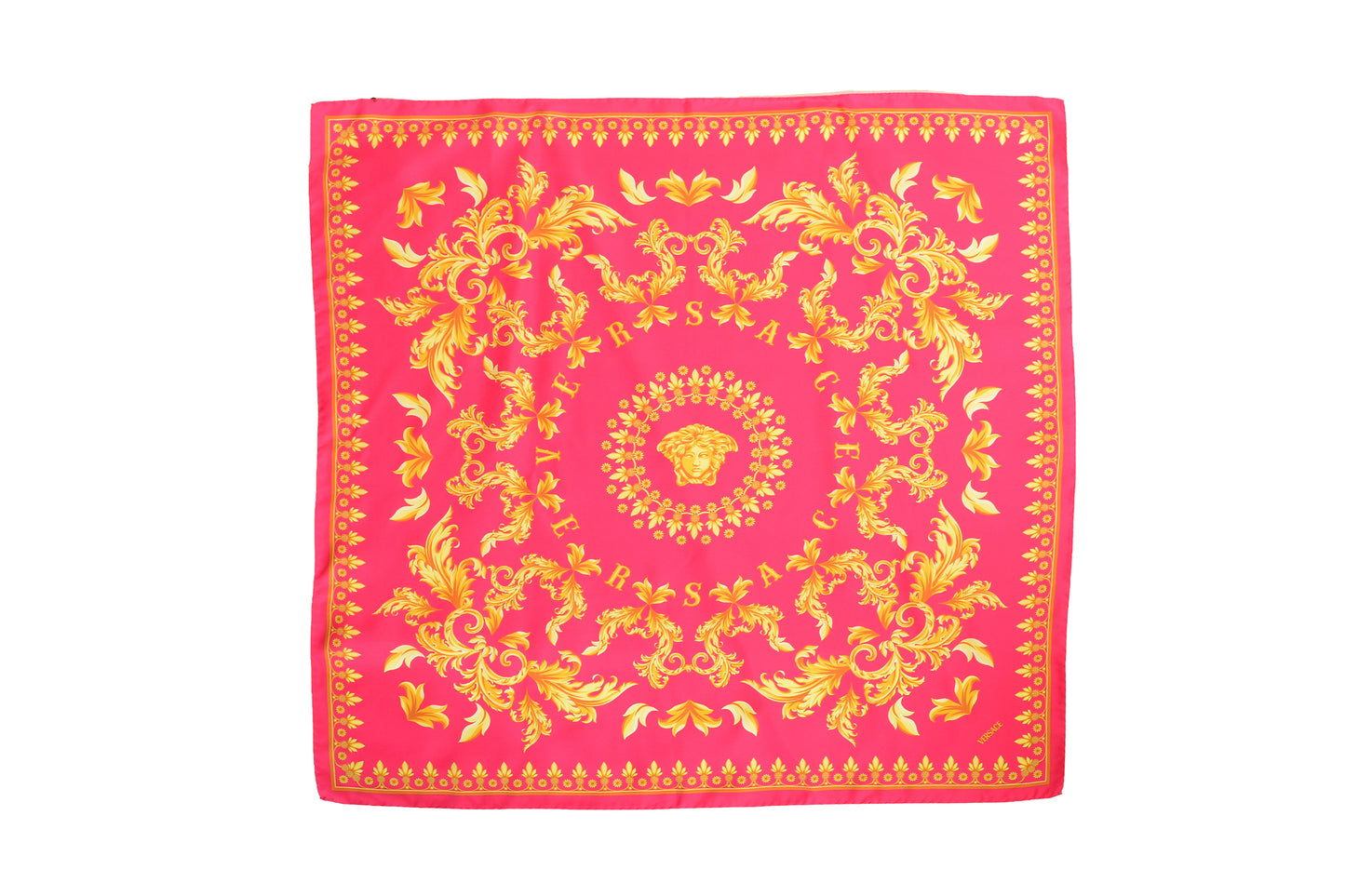 Versace Raspberry & Gold Versace Signature Print 100% Silk Shawl Scarf Bandana
