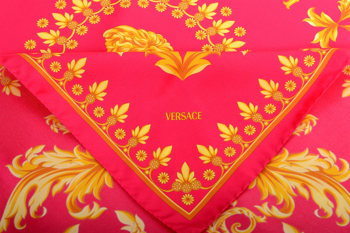 Versace Raspberry & Gold Versace Signature Print 100% Silk Shawl Scarf Bandana