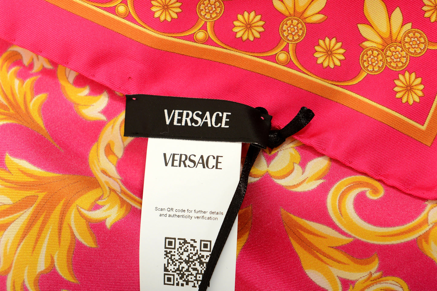 Versace Raspberry & Gold Versace Signature Print 100% Silk Shawl Scarf Bandana