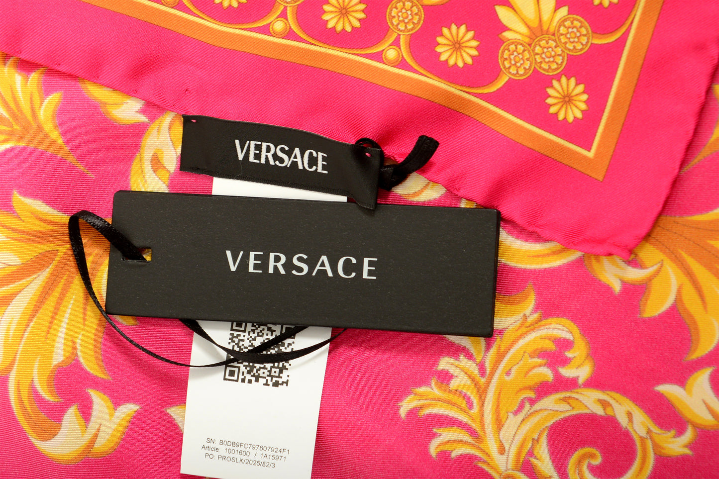 Versace Raspberry & Gold Versace Signature Print 100% Silk Shawl Scarf Bandana