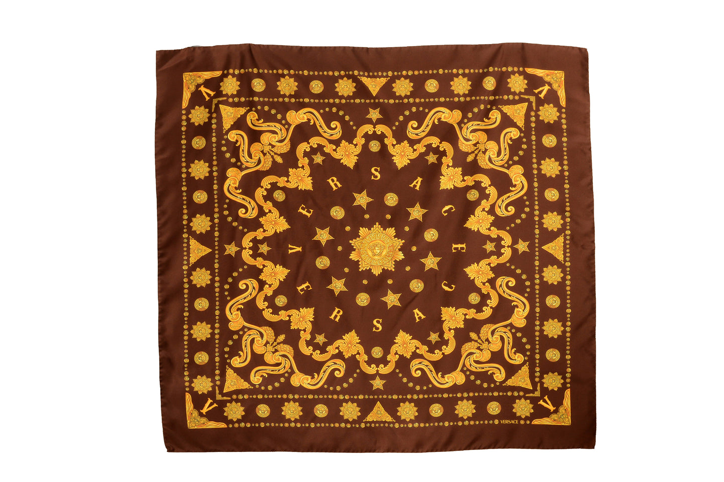 Versace Chocolate & Gold Versace Signature Print 100% Silk Shawl Scarf Bandana