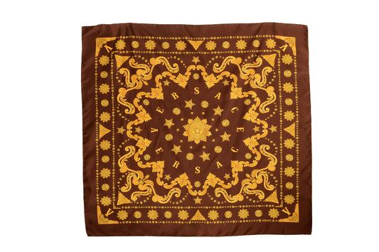 Versace Chocolate & Gold Versace Signature Print 100% Silk Shawl Scarf Bandana