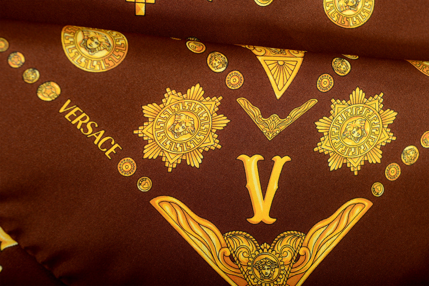 Versace Chocolate & Gold Versace Signature Print 100% Silk Shawl Scarf Bandana