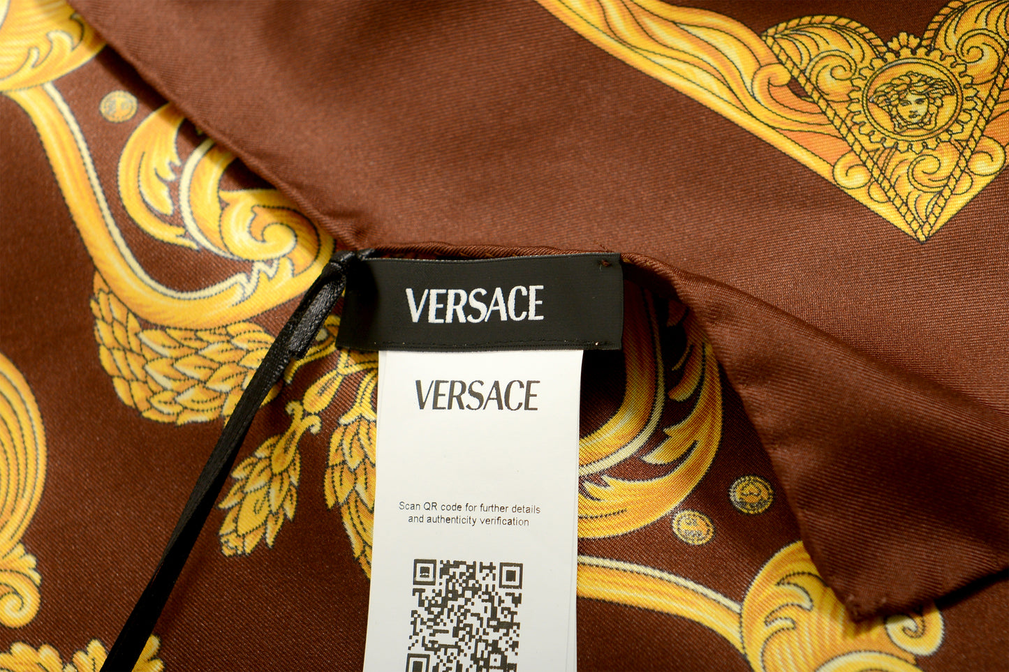 Versace Chocolate & Gold Versace Signature Print 100% Silk Shawl Scarf Bandana