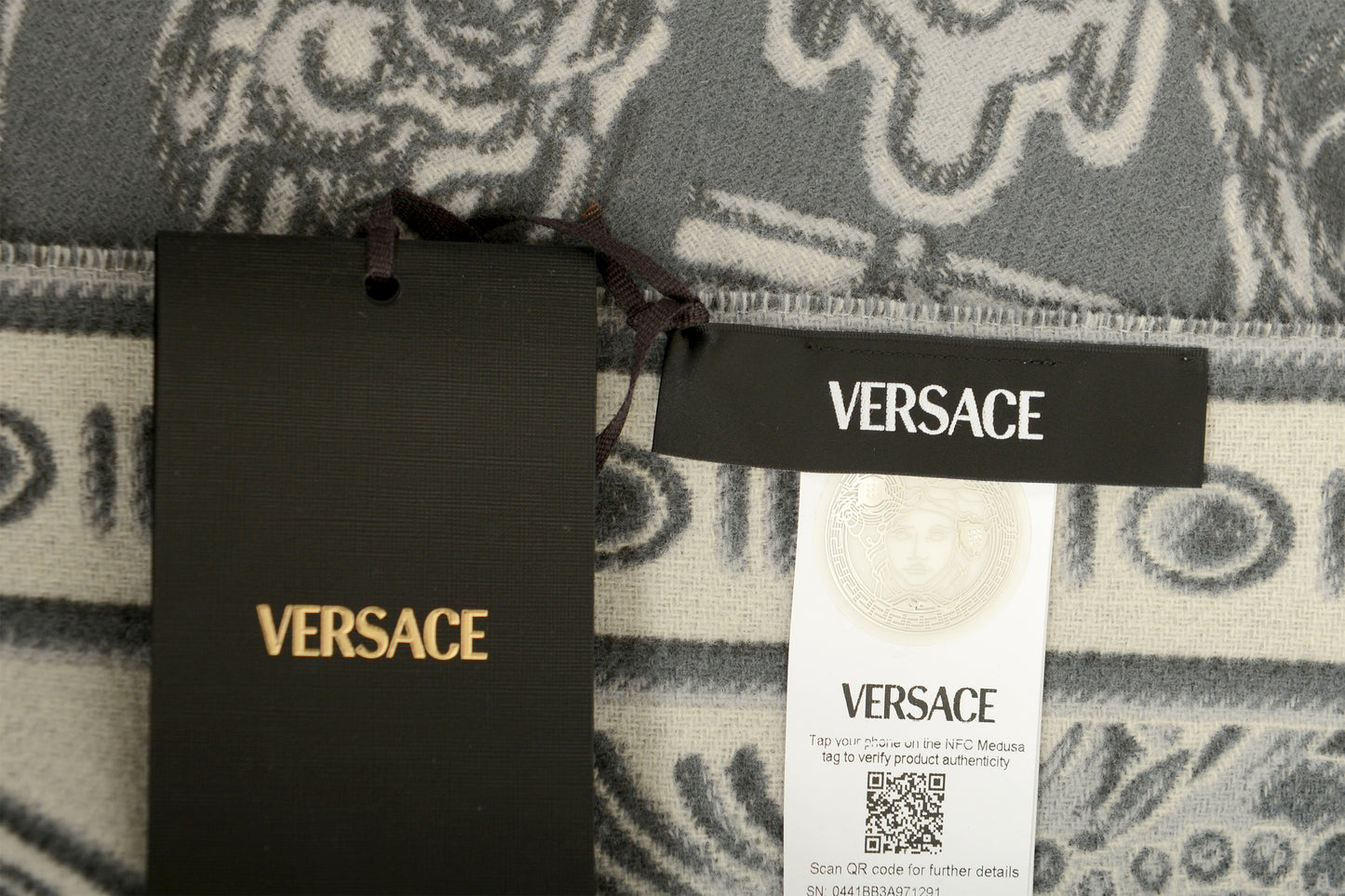 Versace "La Coupe Des Dieux" Silver Wool Cashmere Blanket Throw