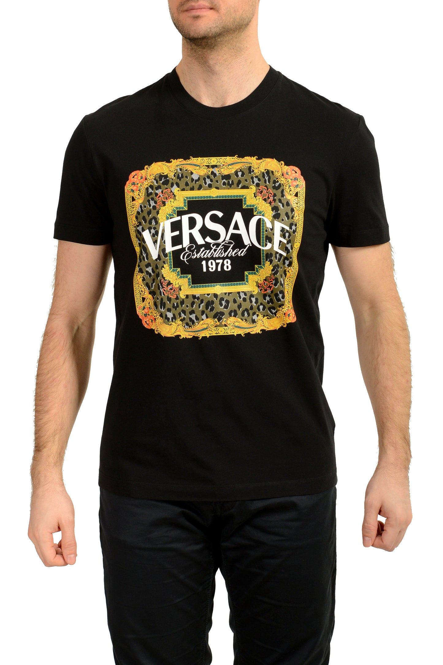 Versace Men's Logo Print Embellishment Crewneck Short Sleeve T-Shirt US M IT 50