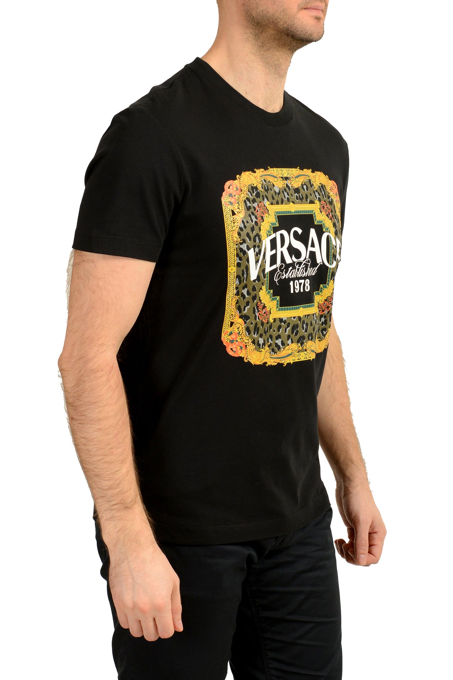 Versace Men's Logo Print Embellishment Crewneck Short Sleeve T-Shirt US M IT 50