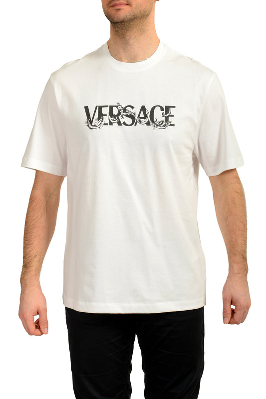 Versace Men's White Logo Print Crewneck Short Sleeve T-Shirt US M IT 50