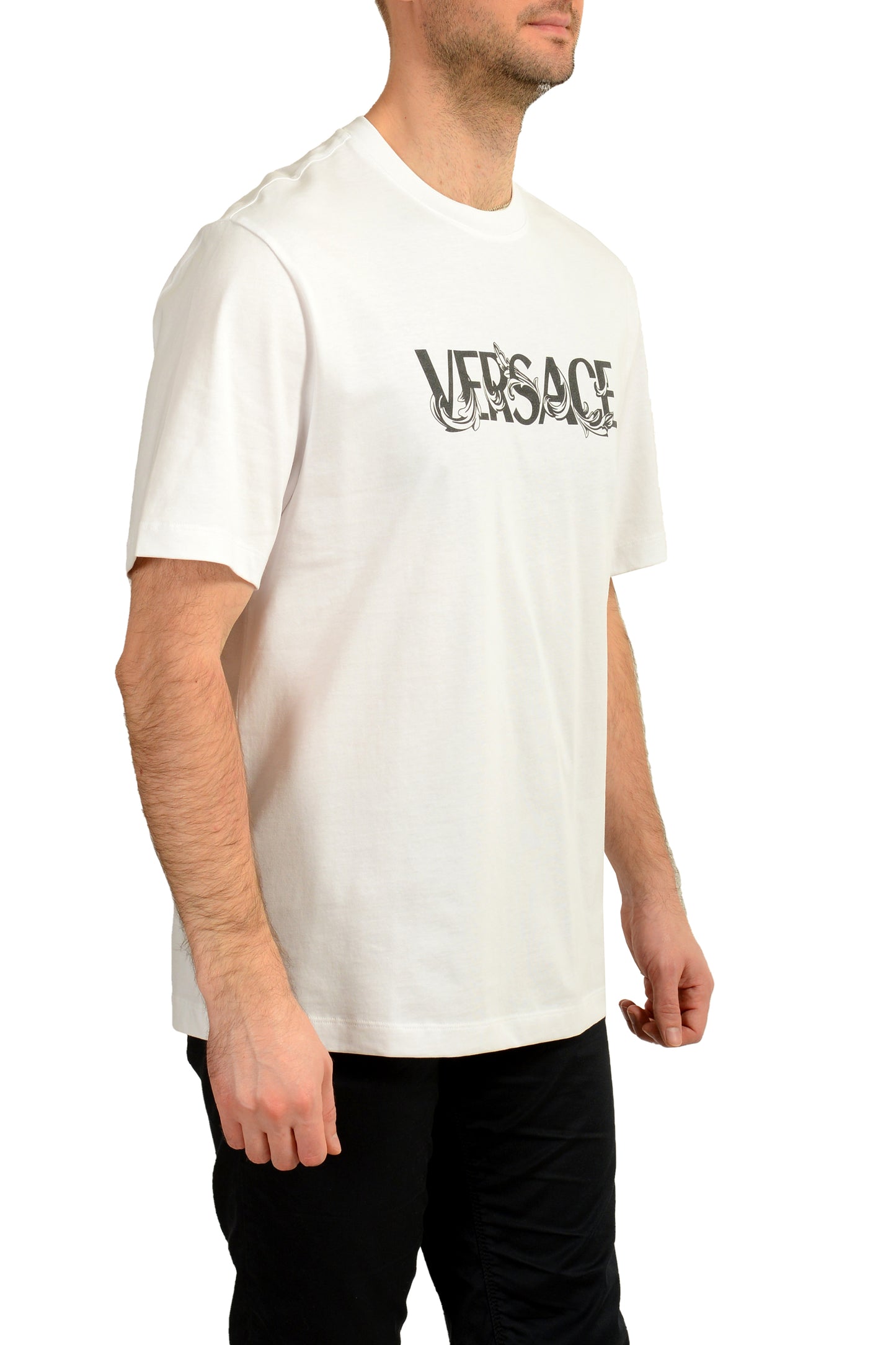 Versace Men's White Logo Print Crewneck Short Sleeve T-Shirt US M IT 50