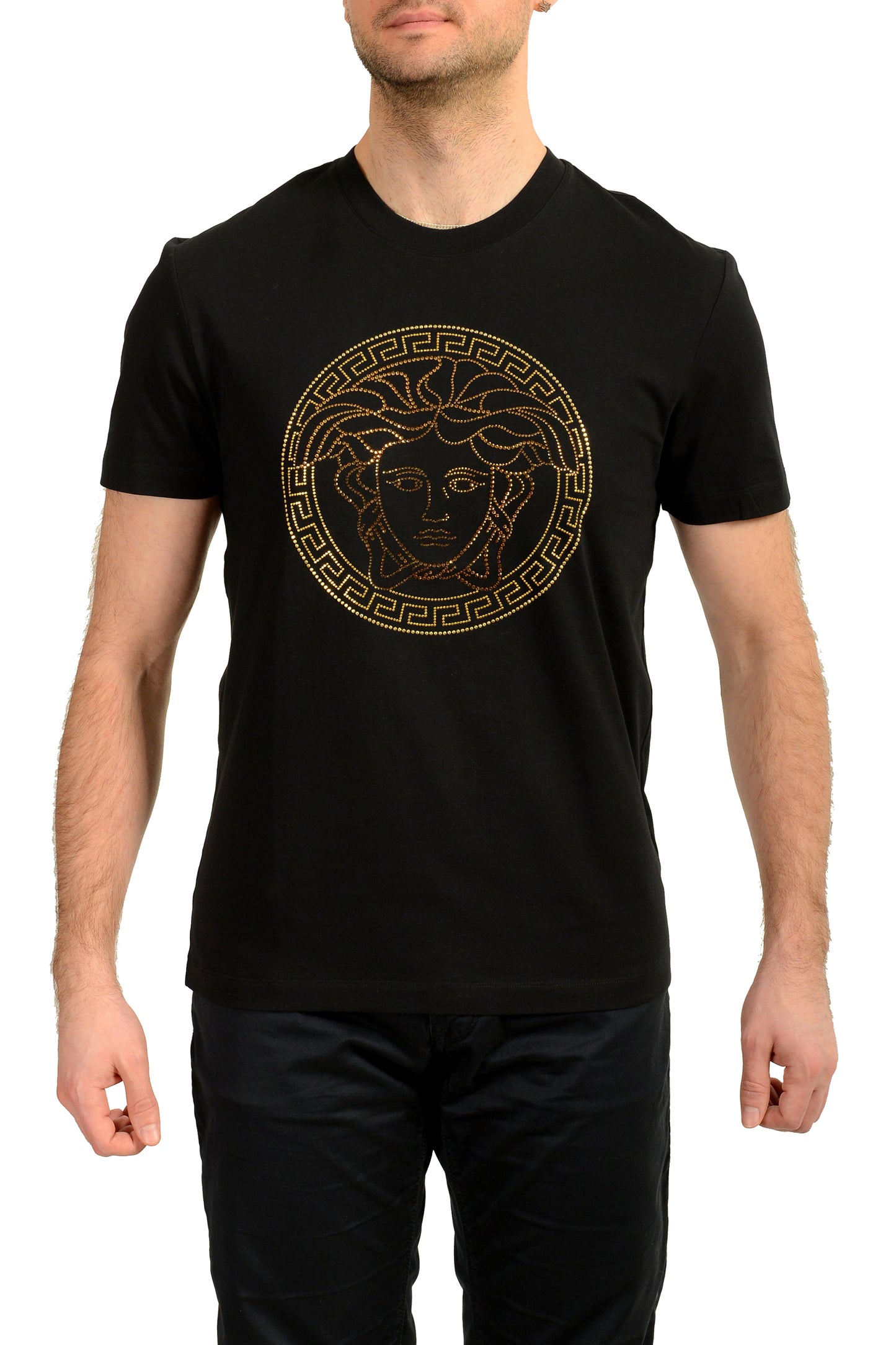 Versace Men's Gold Logo Medusa Embellishment Crewneck T-Shirt US L IT 52