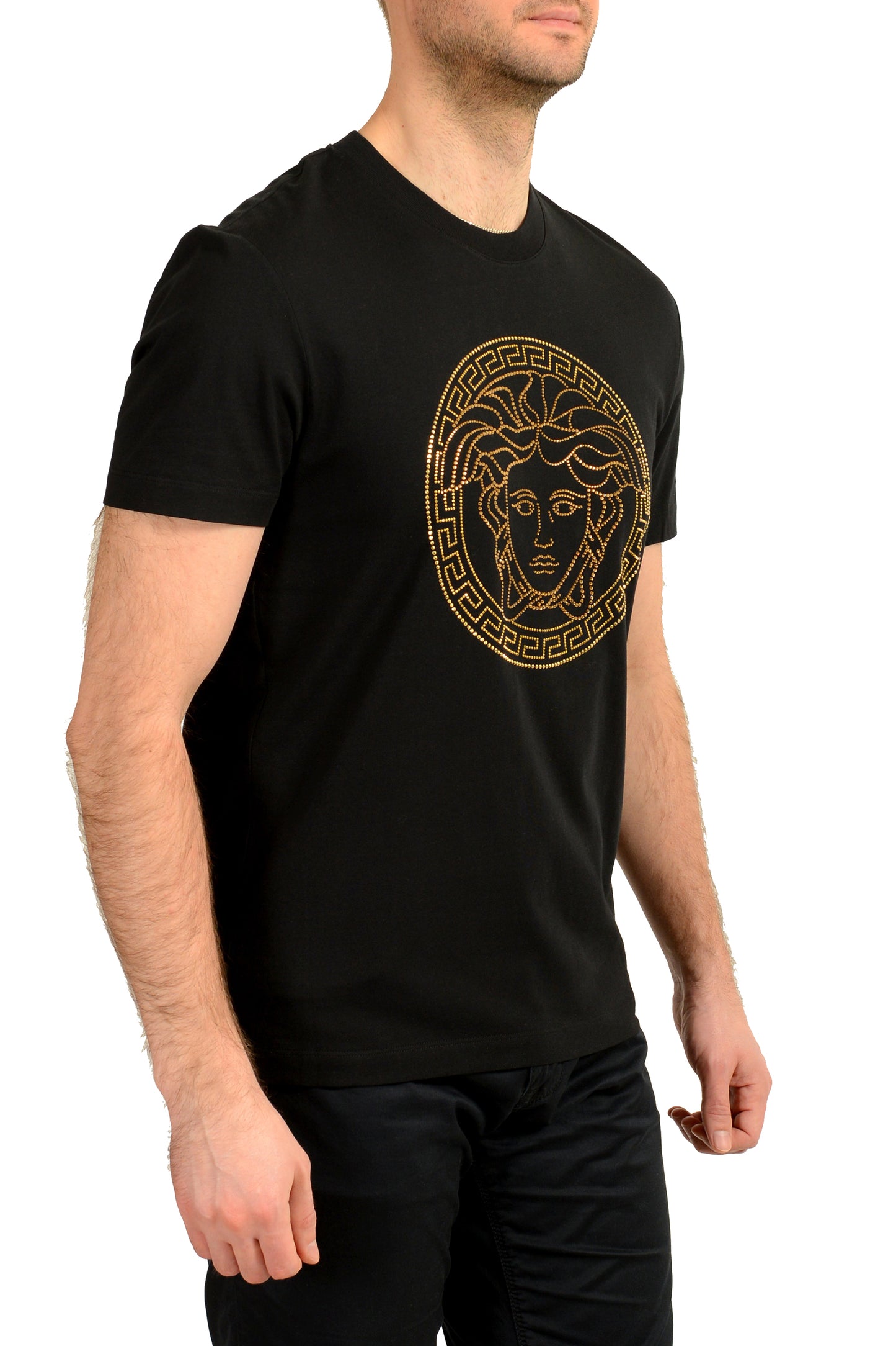 Versace Men's Gold Logo Medusa Embellishment Crewneck T-Shirt US L IT 52