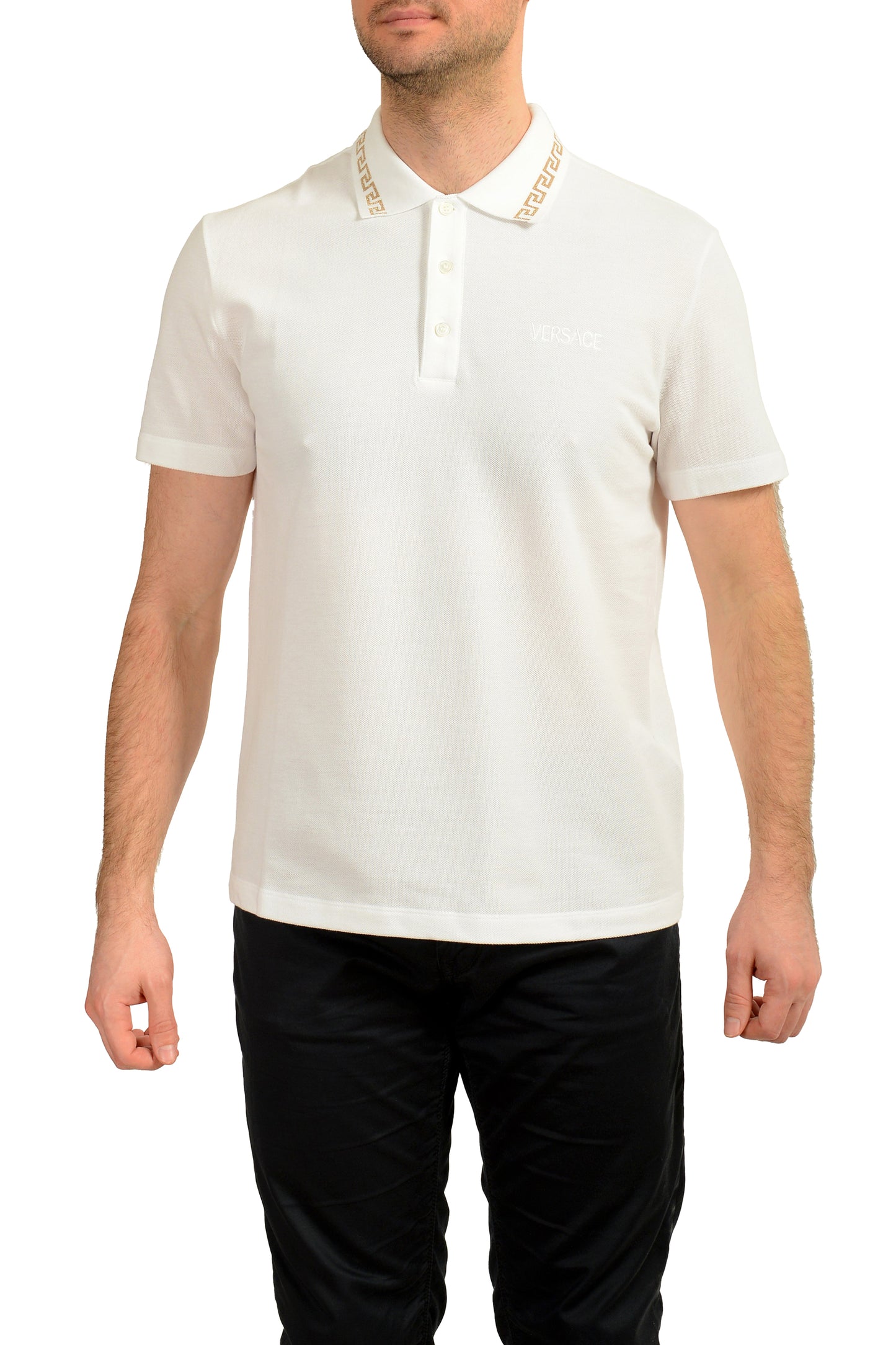 Versace Men's Gold Embroidery White Short Sleeve Polo Shirt US XL IT 54