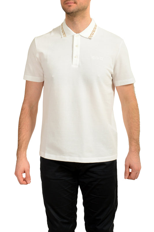 Versace Men's Gold Embroidery White Short Sleeve Polo Shirt US XL IT 54