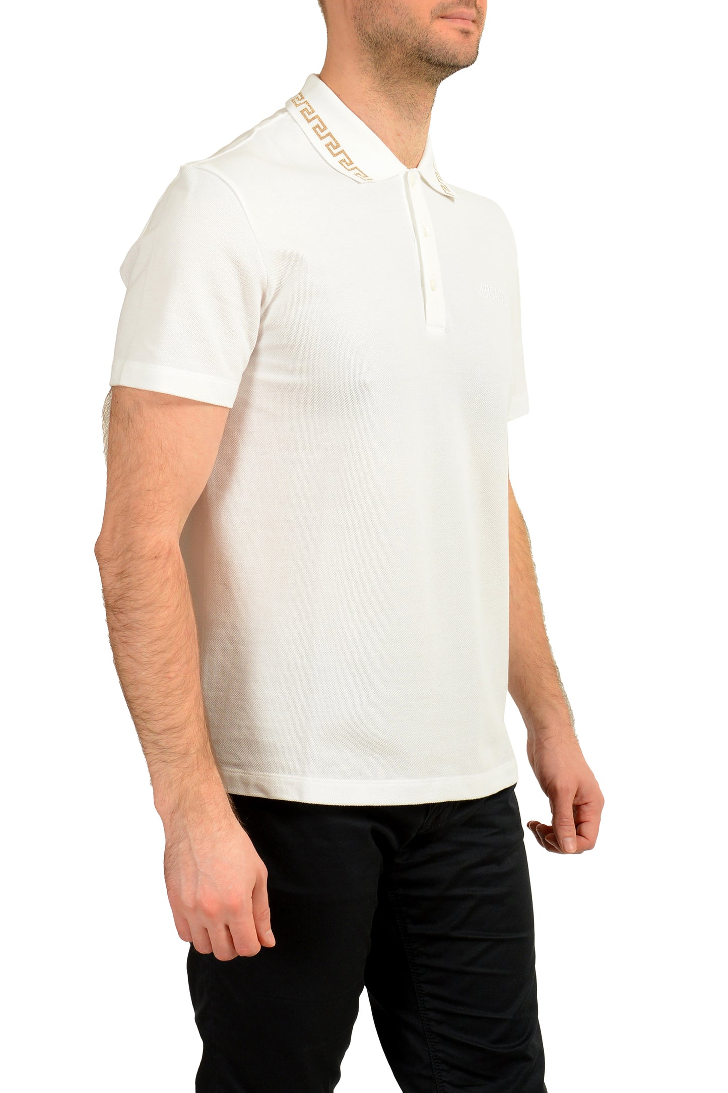 Versace Men's Gold Embroidery White Short Sleeve Polo Shirt US M IT 50