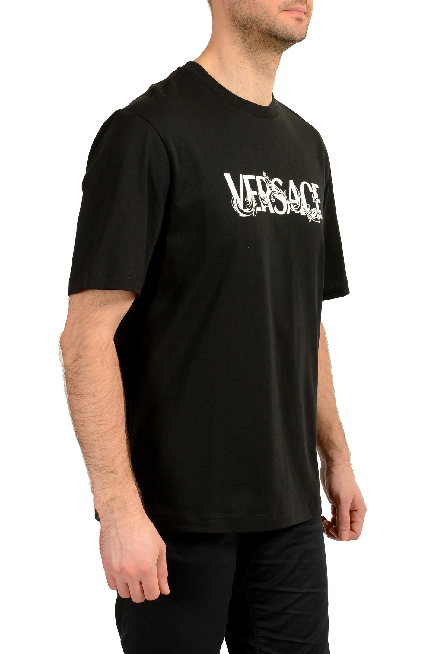 Versace Men's Black Logo Print Crewneck Short Sleeve T-Shirt US M IT 50