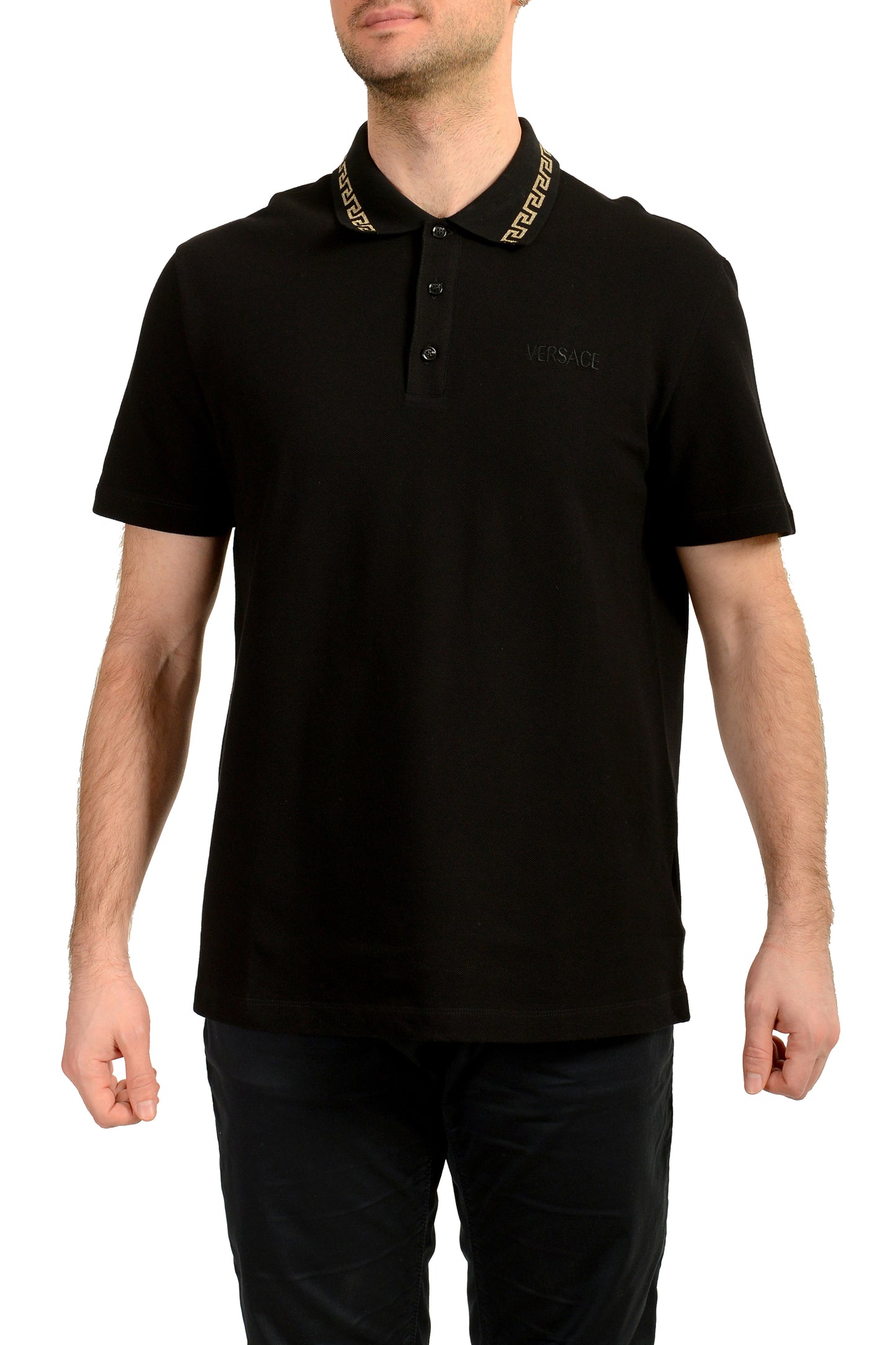 Versace Men's Gold Embroidery Black Short Sleeve Polo Shirt US XL IT 54
