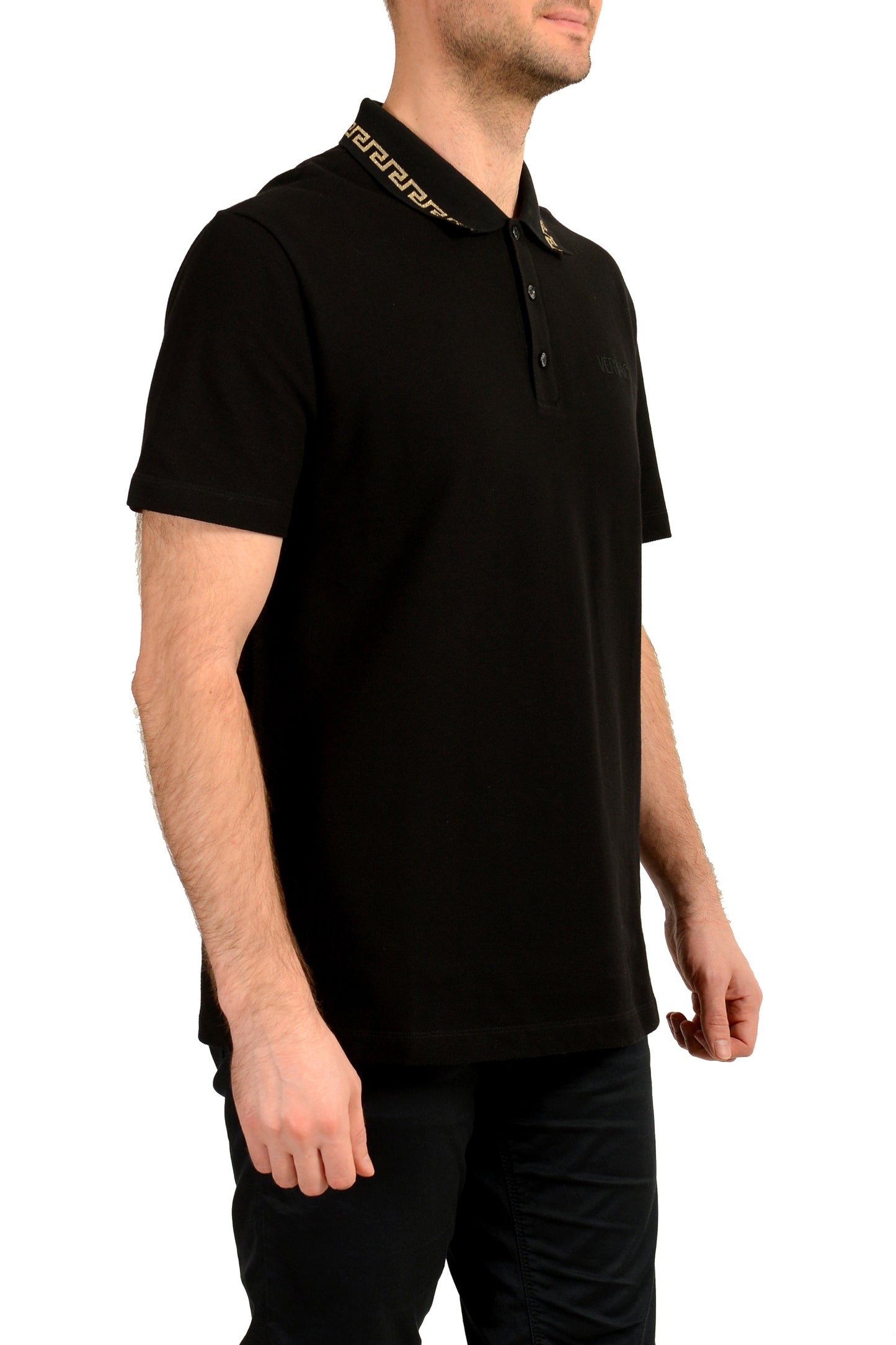 Versace Men's Gold Embroidery Black Short Sleeve Polo Shirt US XL IT 54