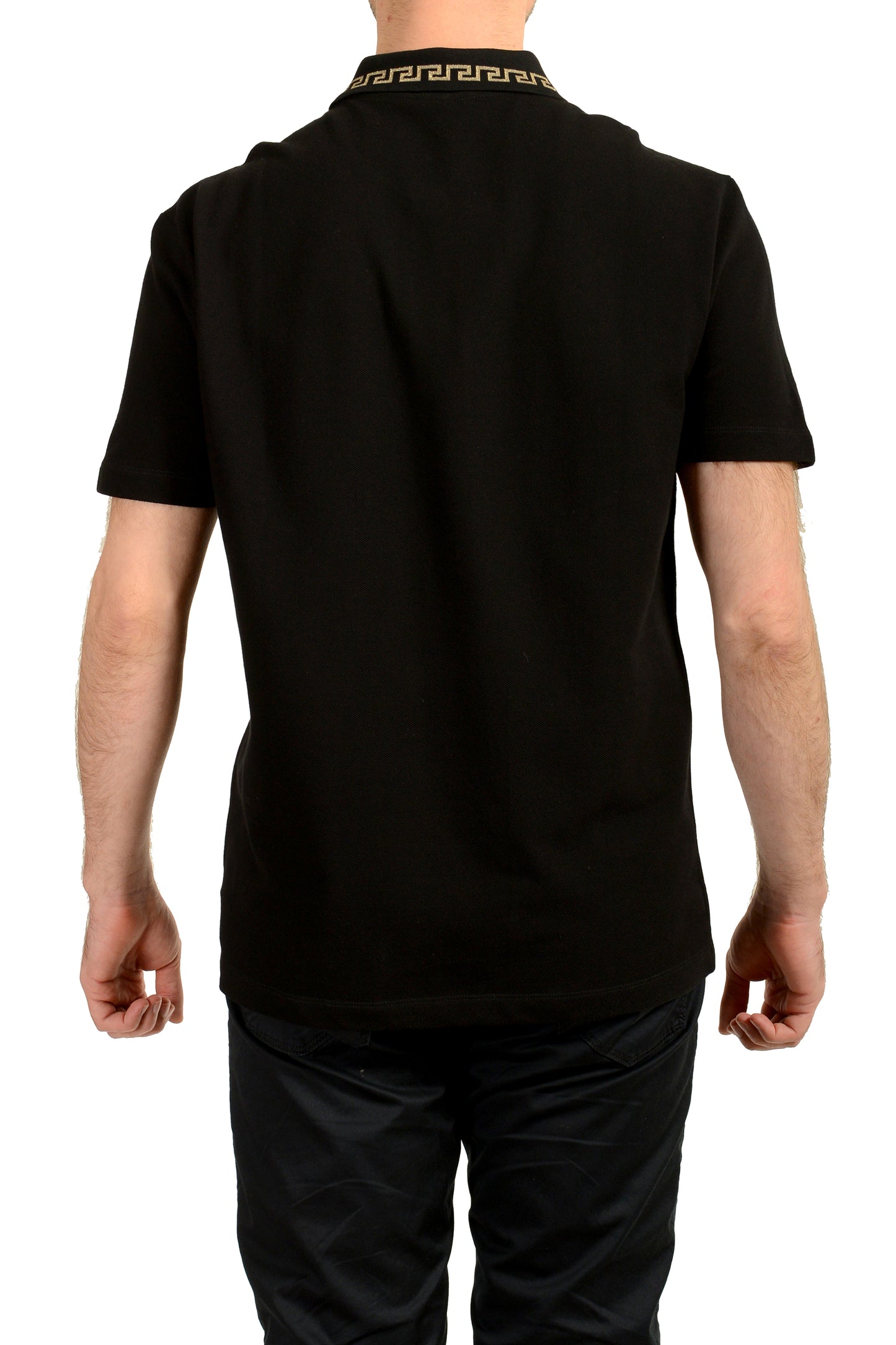 Versace Men's Gold Embroidery Black Short Sleeve Polo Shirt US XL IT 54