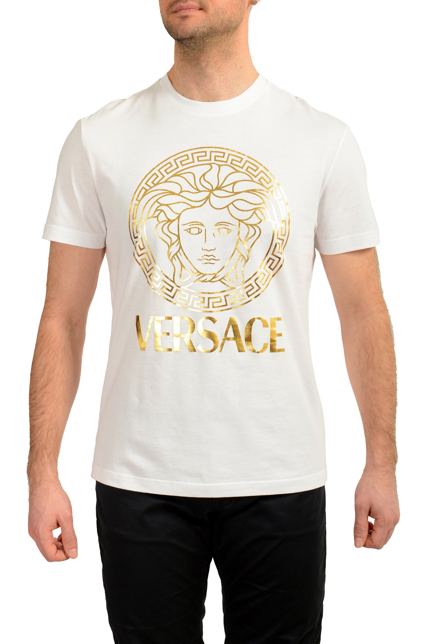 Versace Men's Gold Medusa Print White Short Sleeve Crewneck T-Shirt US L IT 52