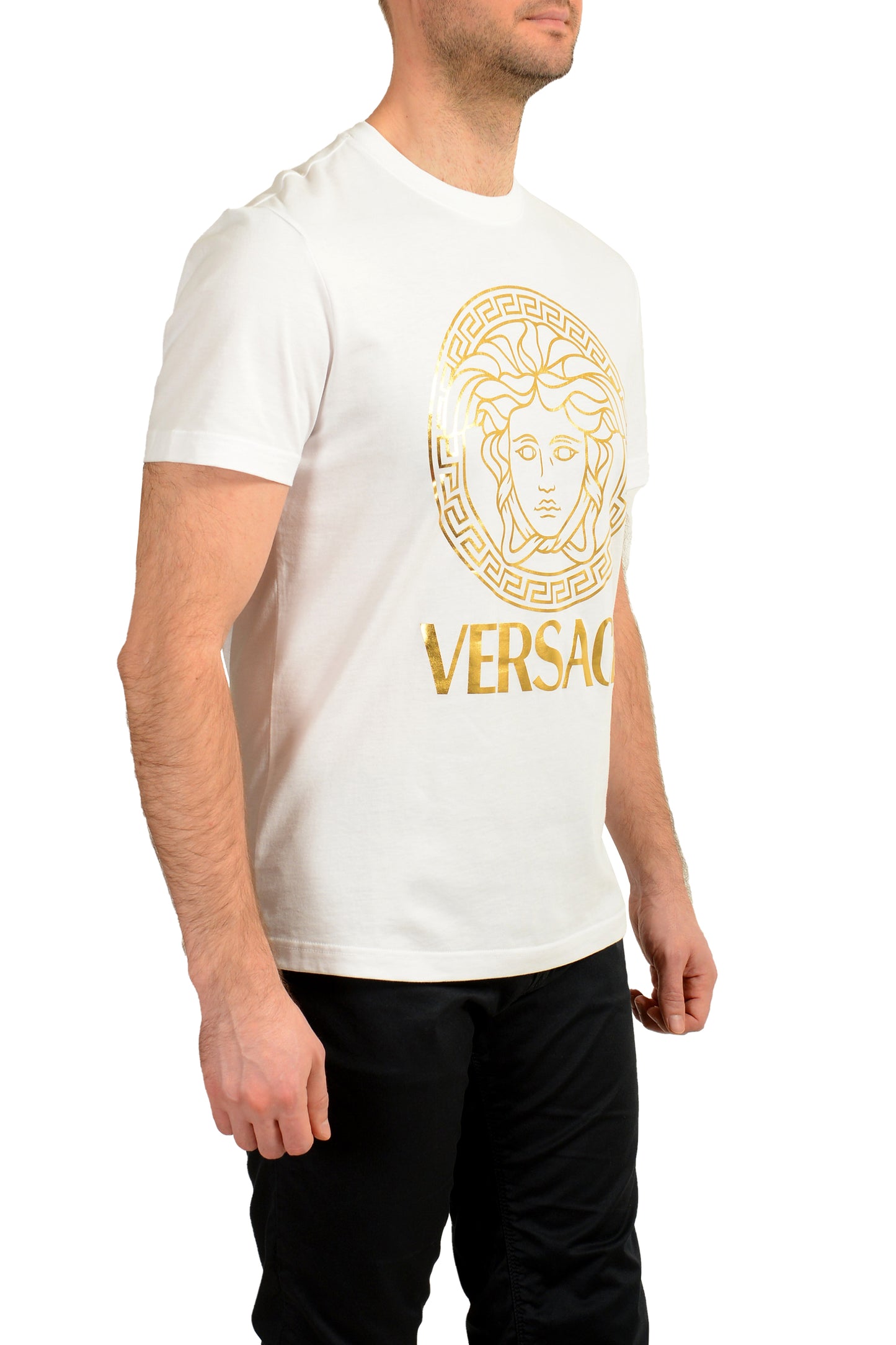 Versace Men's Gold Medusa Print White Short Sleeve Crewneck T-Shirt US L IT 52
