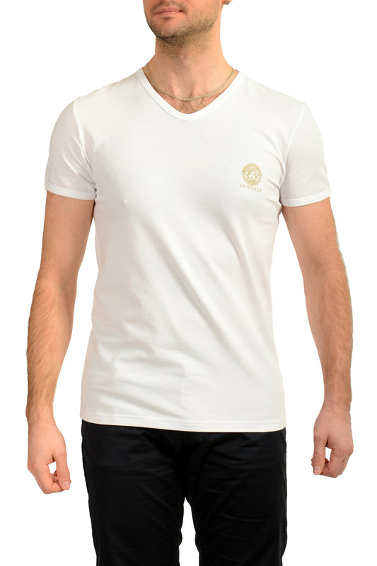 Versace Men's Gold Medusa Print White V-Neck T-Shirt Versace sz 5 US M IT 50
