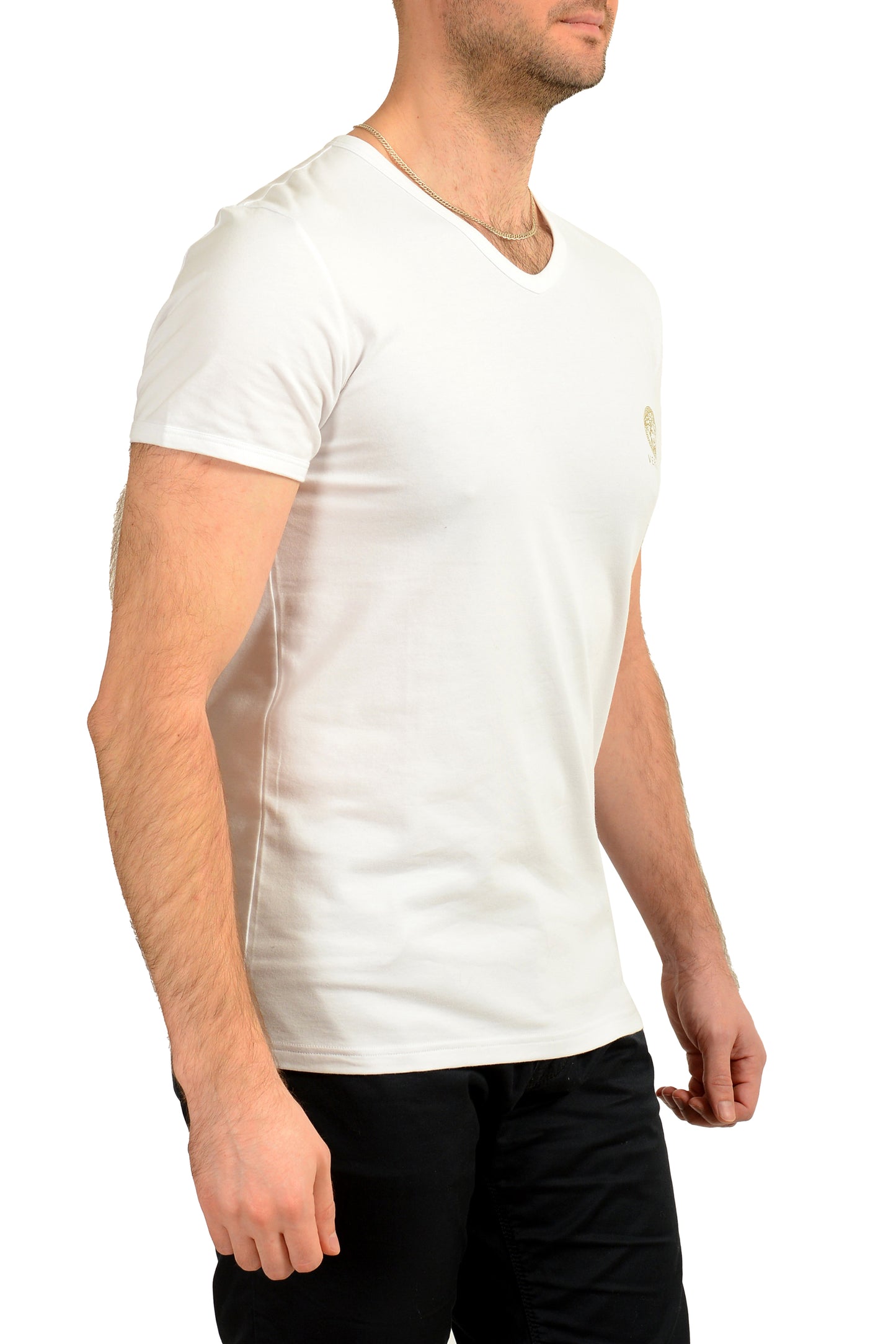 Versace Men's Gold Medusa Print White V-Neck T-Shirt Versace sz 5 US M IT 50