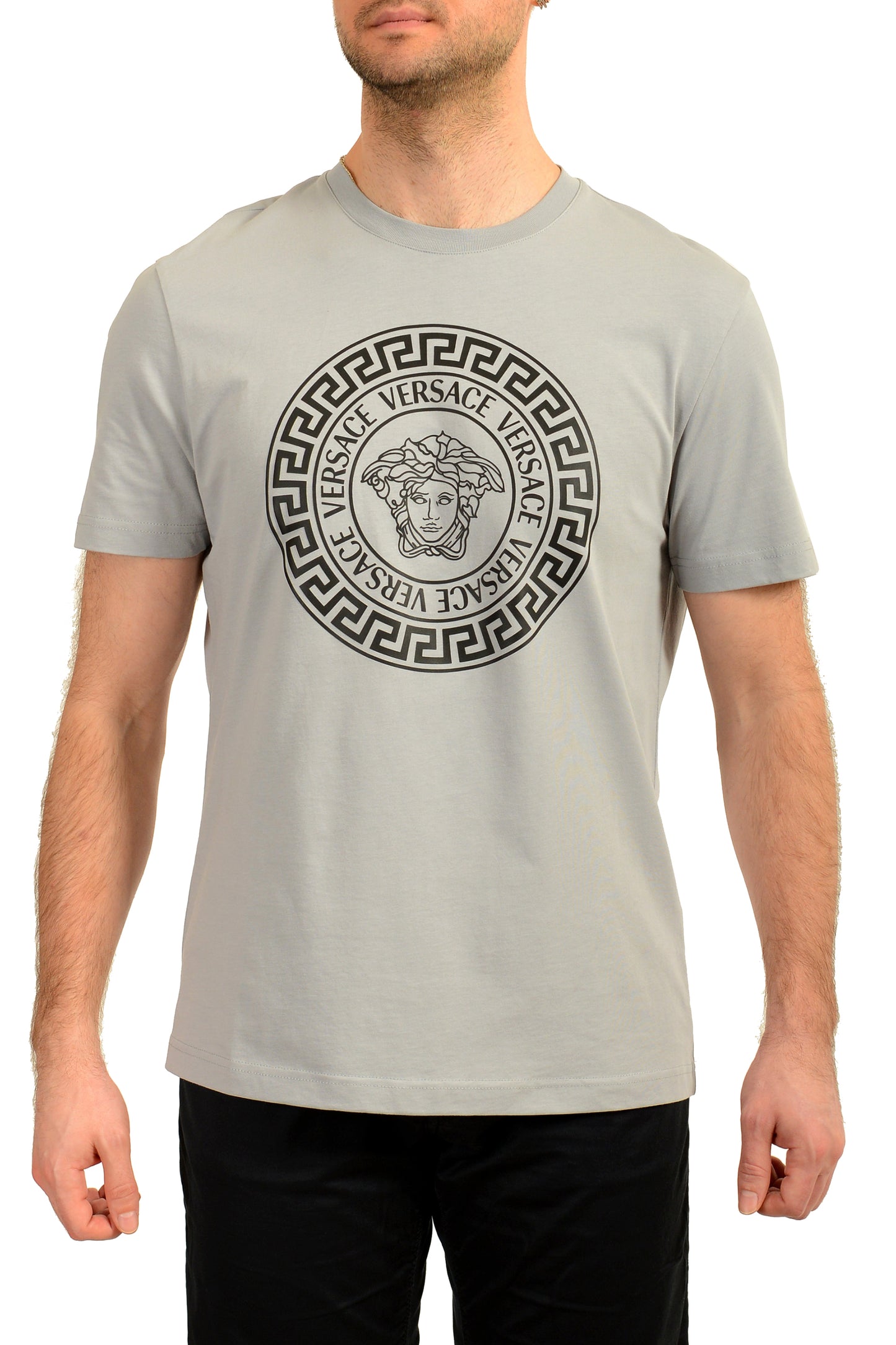 Versace Men's Gray Logo Print Crewneck Short Sleeve T-Shirt US XL IT 54