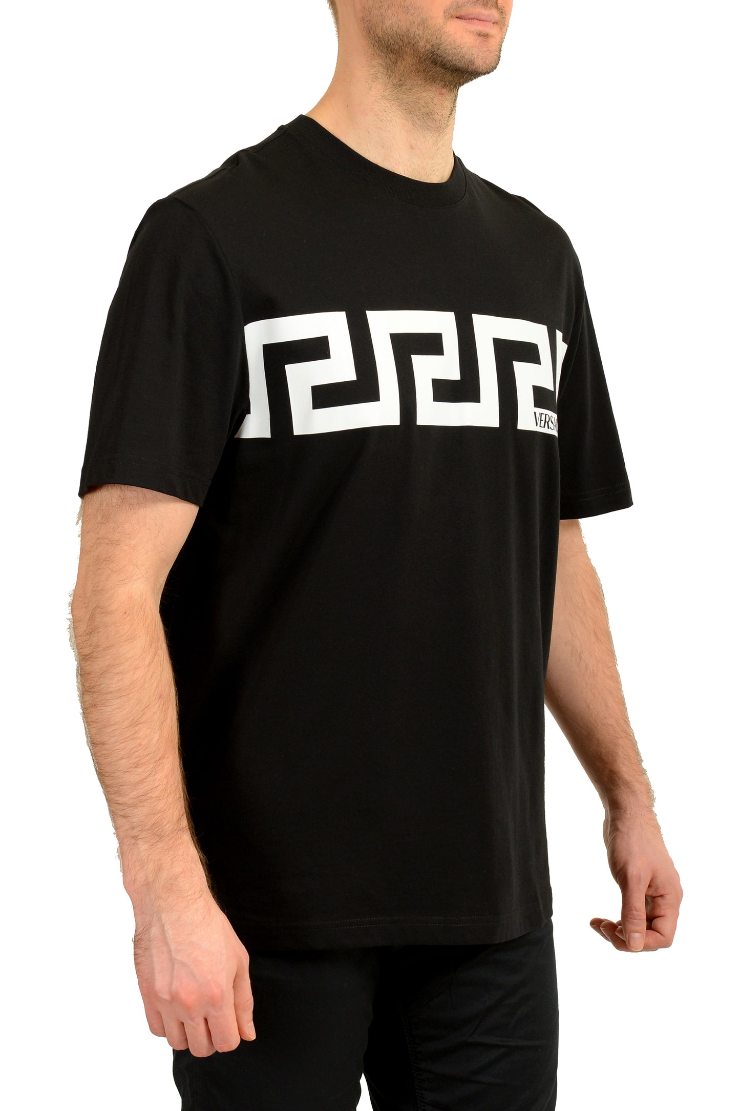 Versace Men's Black Greeca Print Crewneck Short Sleeve T-Shirt US M IT 50