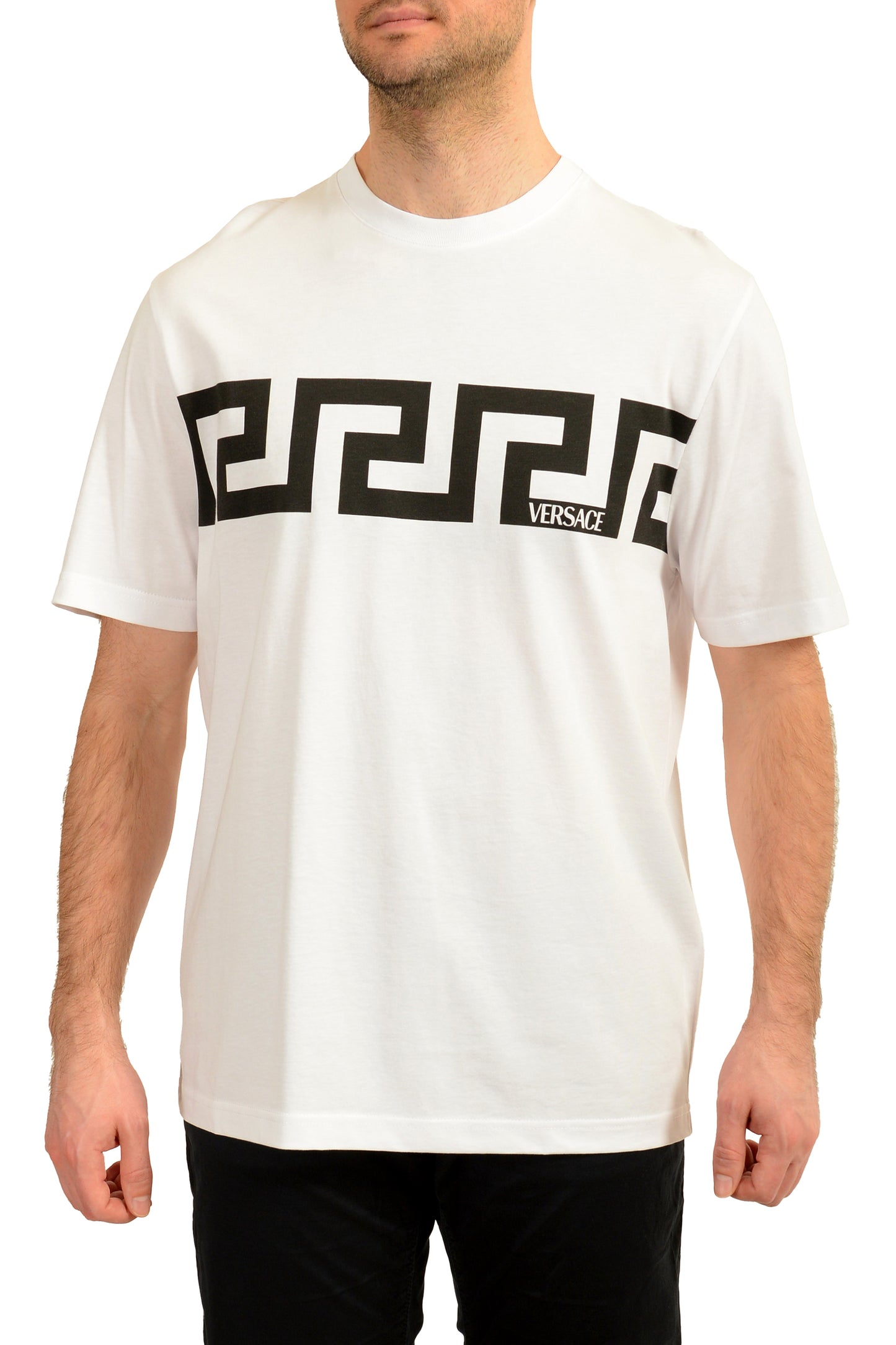 Versace Men's White Greeca Print Crewneck Short Sleeve T-Shirt US M IT 50