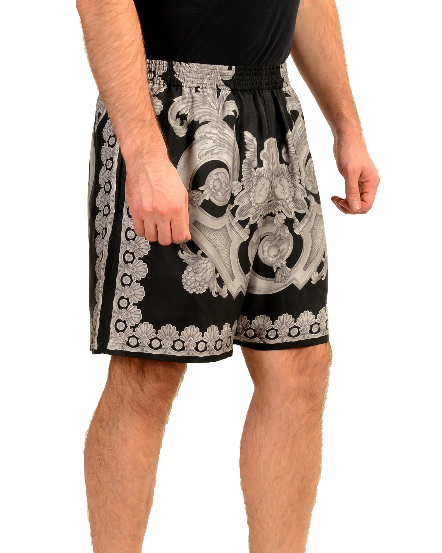 Versace Men's Heritage Print Black & Gray 100% Silk Shorts US 38 IT 54