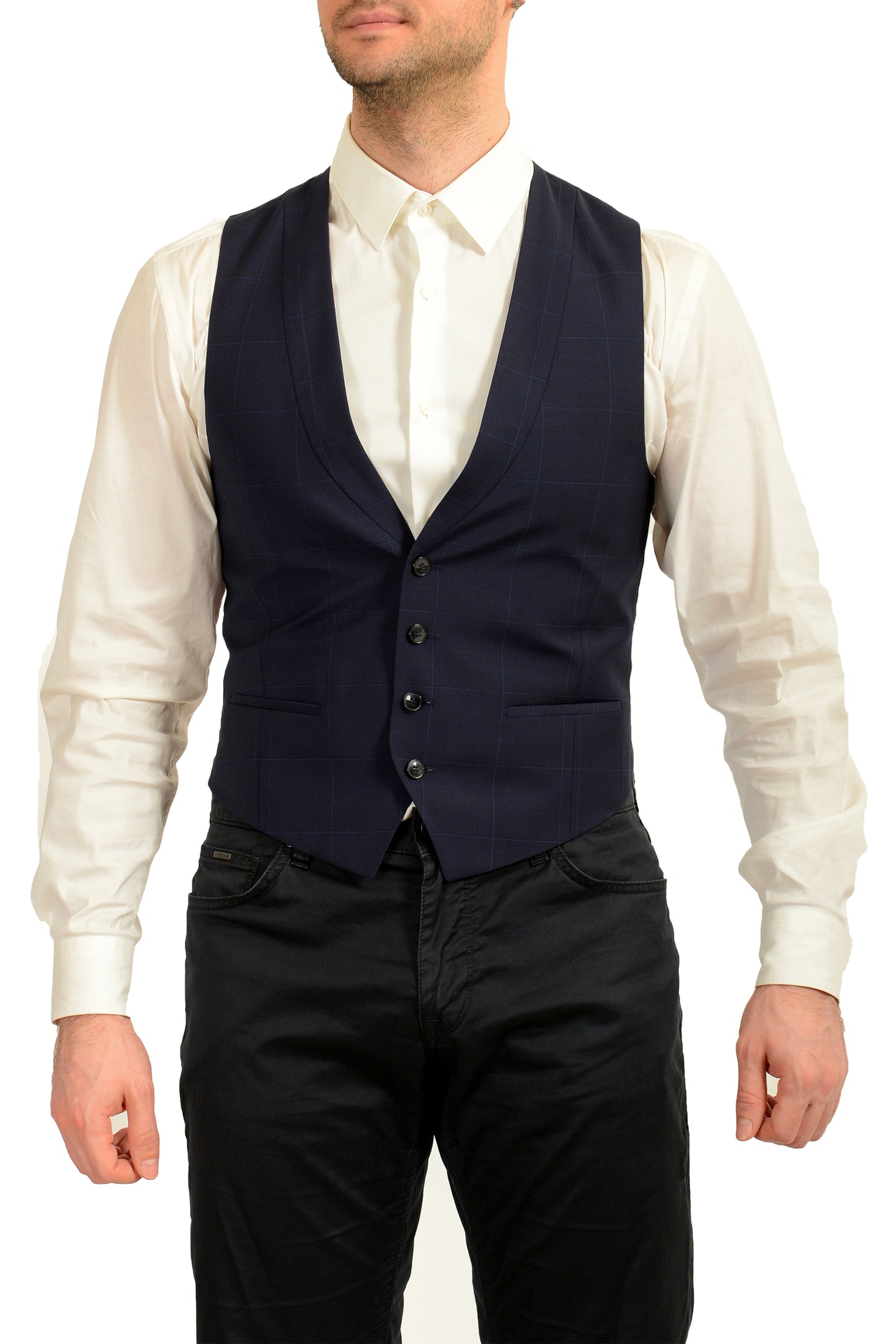 Hugo Boss Men's "Arti/Hesten202V1" Blue 100% Wool Plaid Dress Vest US 36S IT 46S