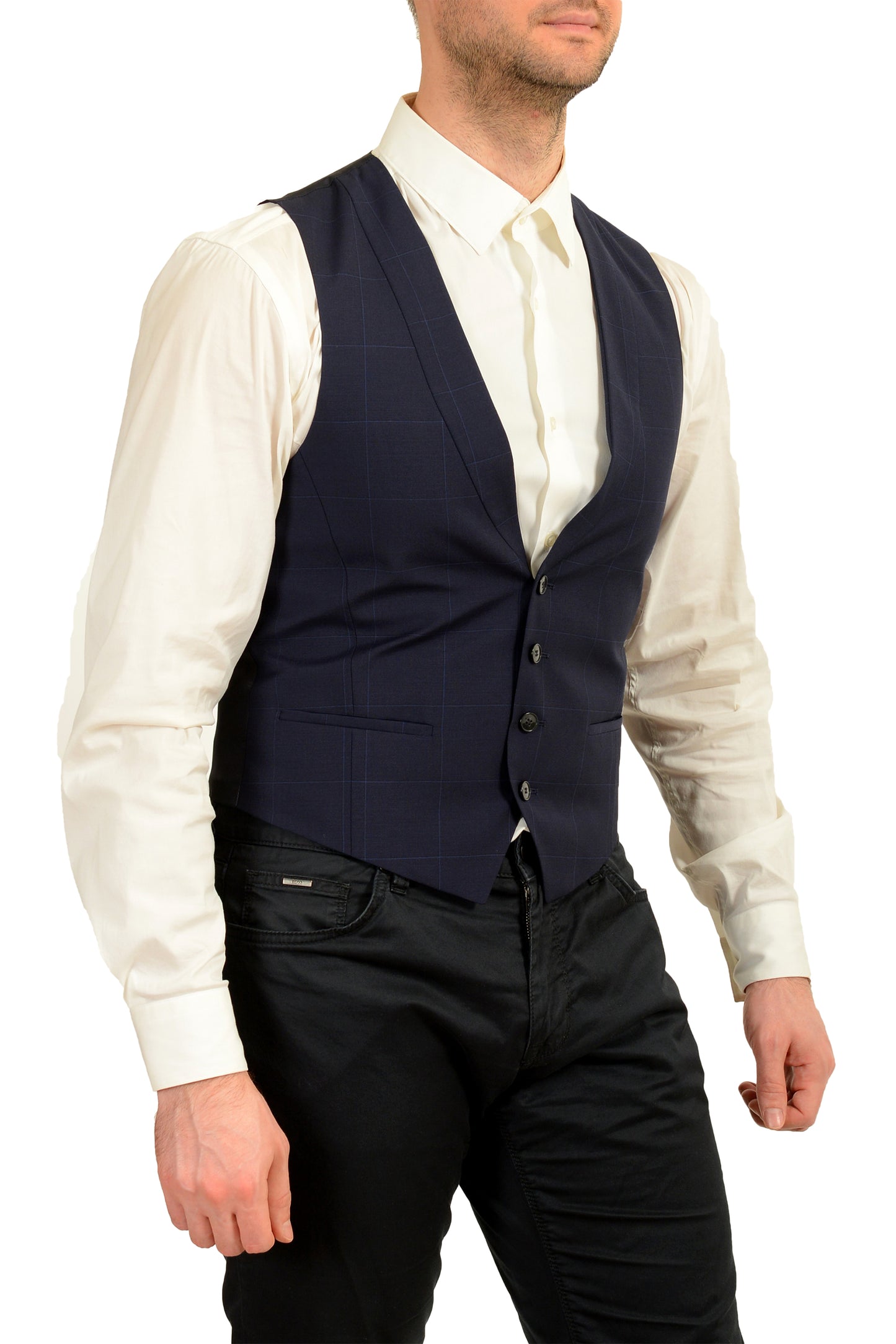 Hugo Boss Men's "Arti/Hesten202V1" Blue 100% Wool Plaid Dress Vest US 36S IT 46S