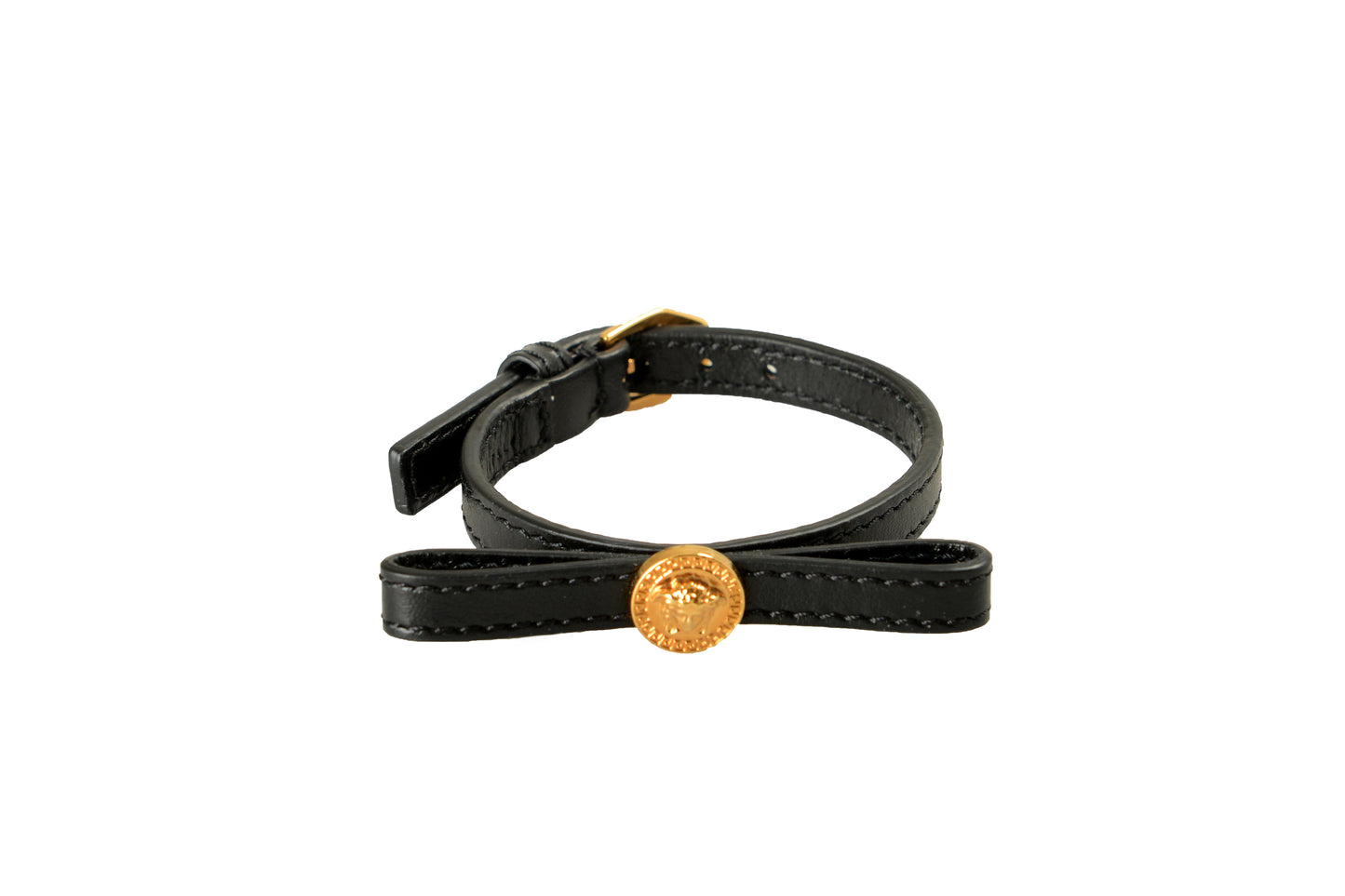 Versace Gold Color Metal Black Leather Adjustable Bracelet