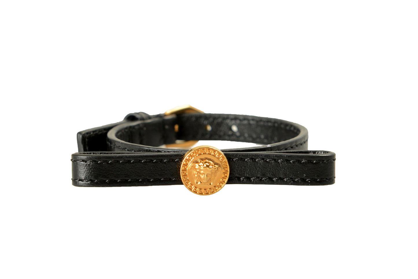 Versace Gold Color Metal Black Leather Adjustable Bracelet