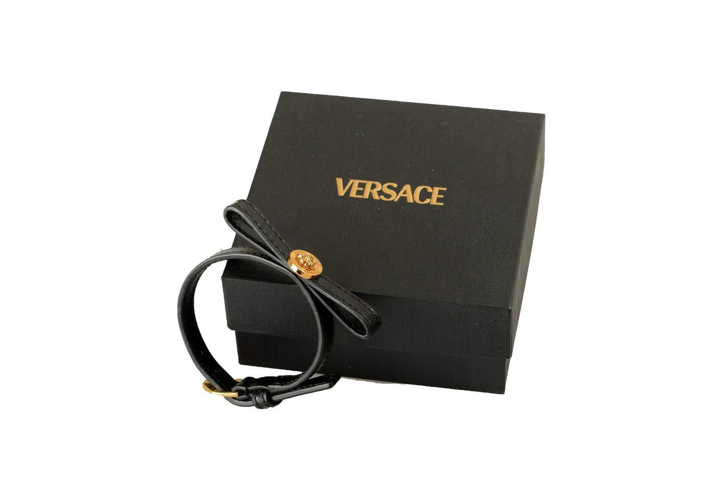 Versace Gold Color Metal Black Leather Adjustable Bracelet