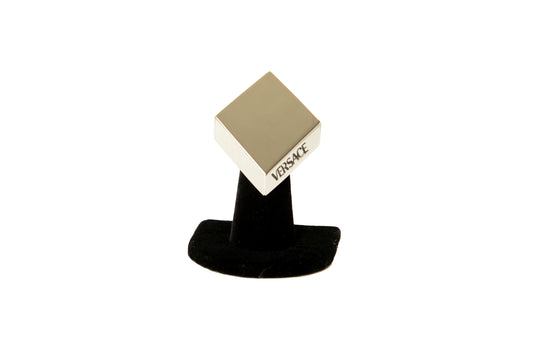 Versace Silver Color Metal Engraved Logo Statement Ring Italy Sz 11