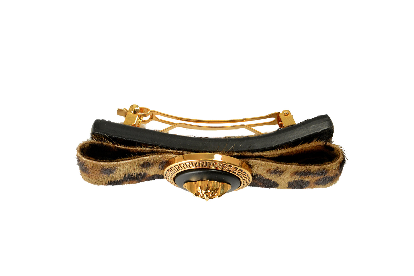 Versace Pony Hair Gold Medusa Leo Print Ribbon Barrette Clip