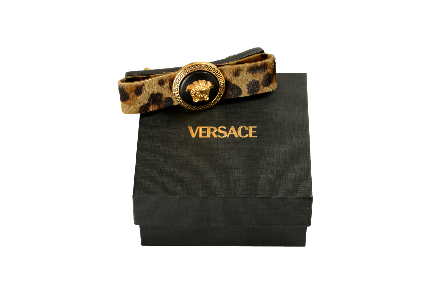 Versace Pony Hair Gold Medusa Leo Print Ribbon Barrette Clip