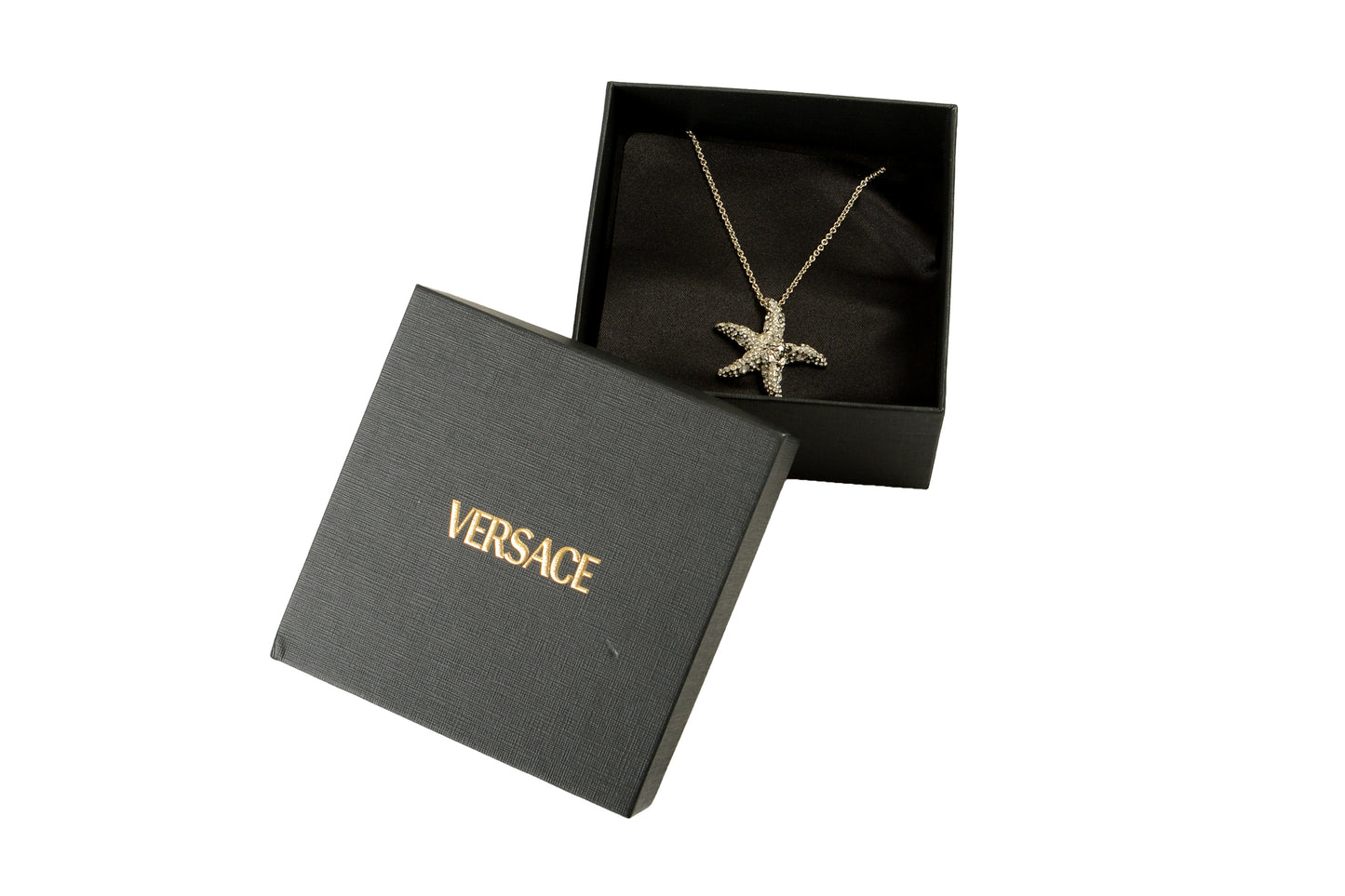 Versace Silver Color Metal & Strass Chain Necklace Pendant