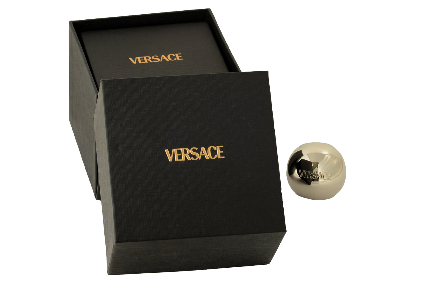 Versace Silver Color Metal Engraved Logo Statement Ring Italy Sz 19
