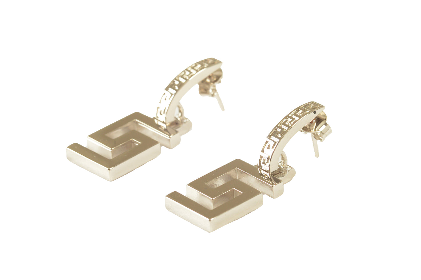 Versace Silver Color Metal Greeca Logo Stud Earrings