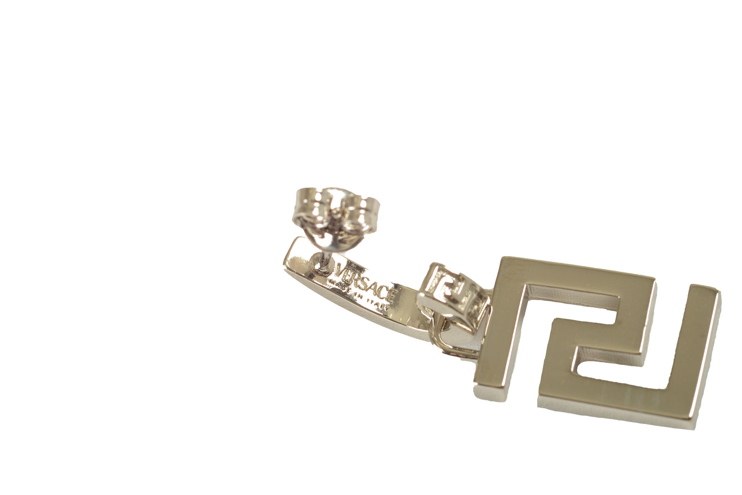 Versace Silver Color Metal Greeca Logo Stud Earrings
